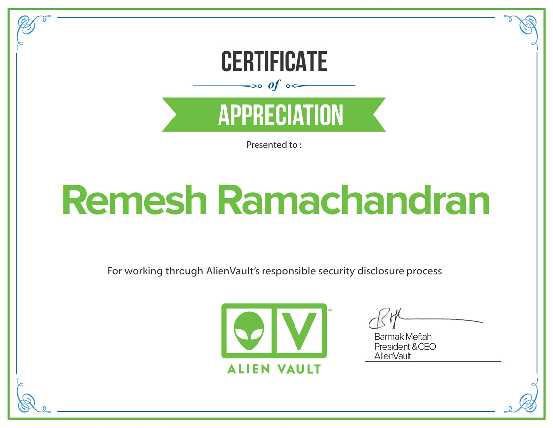 Certificate of Appreciation from Alien Vault