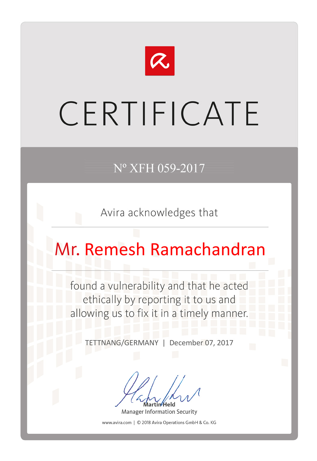 Avira Acknowledges Certificate