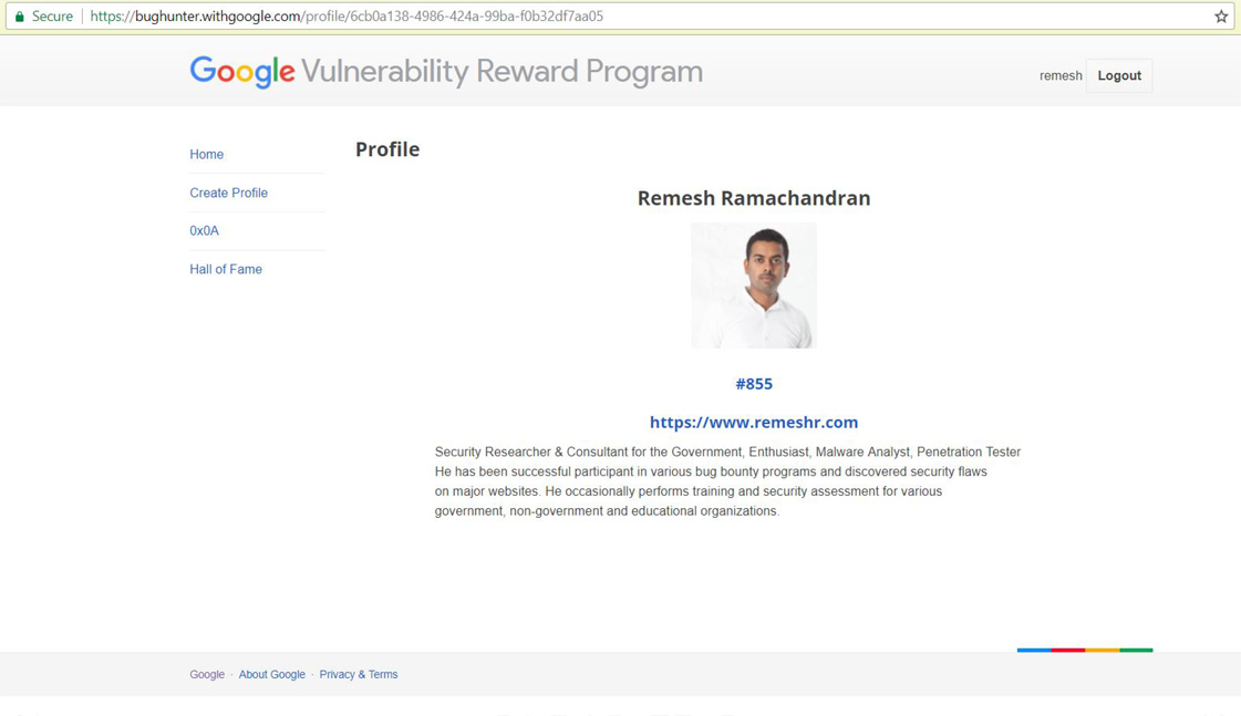 Google Hall of Fame - Remesh Ramachandran