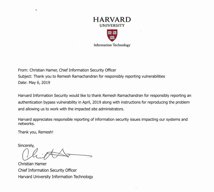 Harvard University Security Bug Acknowledgement