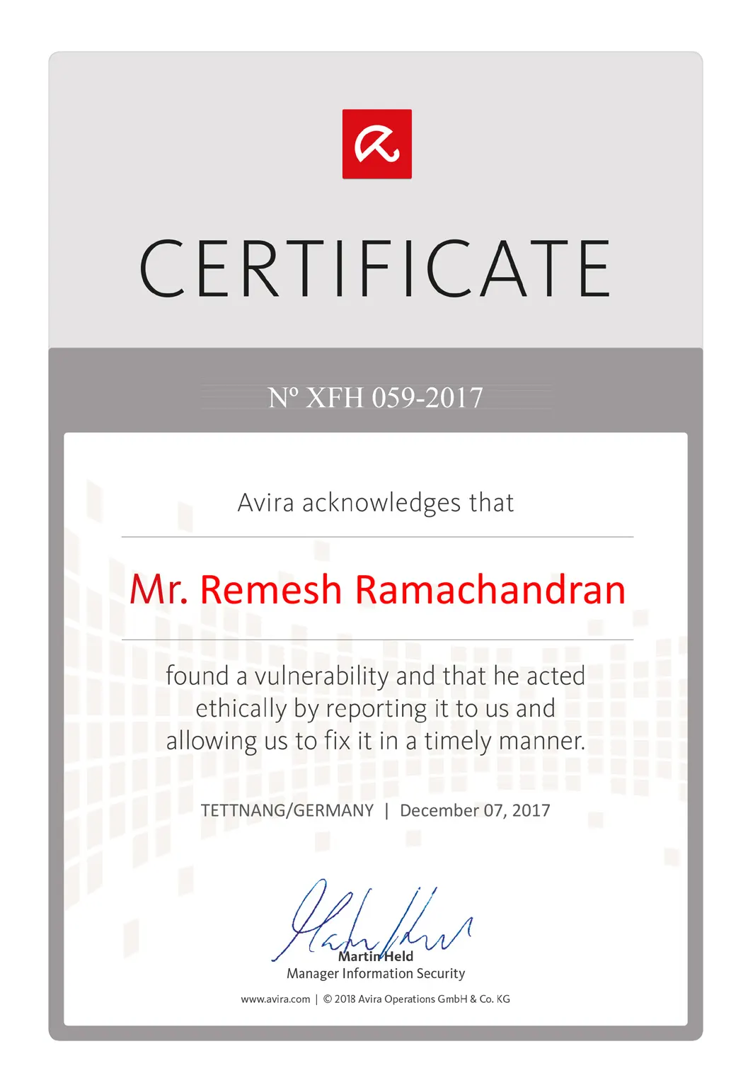Avira Acknowledges Certificate