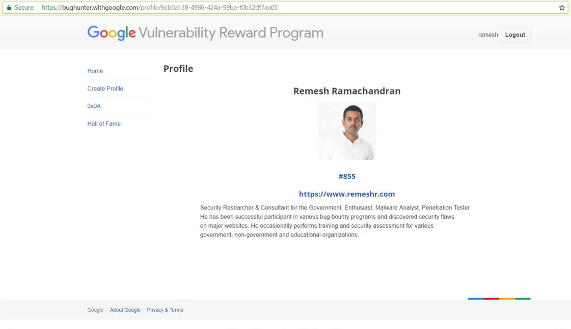 Google Hall of Fame - Remesh Ramachandran