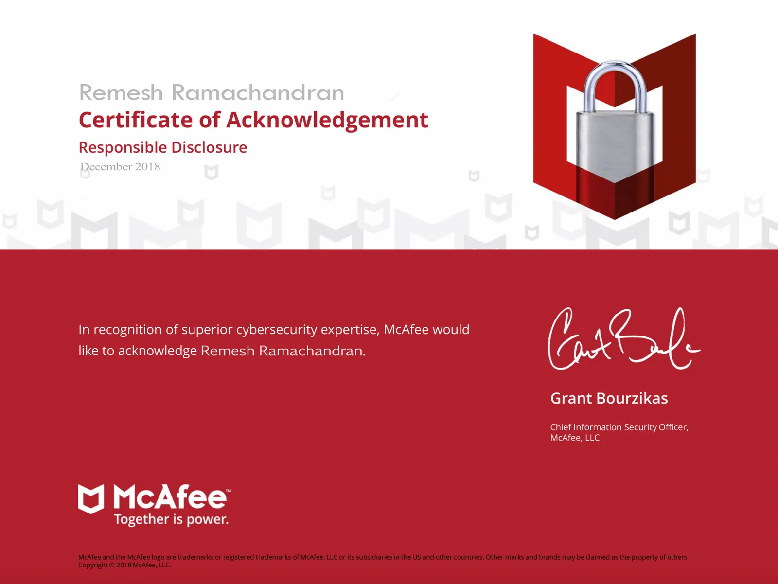 McAfee Acknowledgement - Remesh Ramachandran