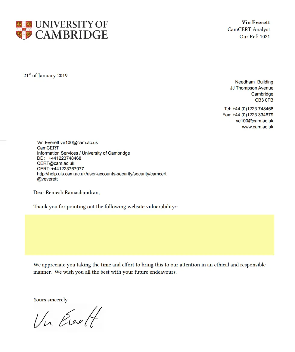 University of Cambridge Acknowledgement - Remesh Ramachandran