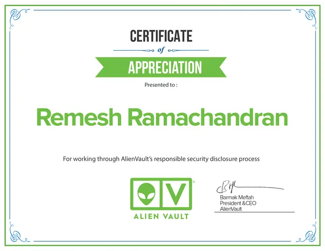 Certificate of Appreciation from Alien Vault — Remesh Ramachandran