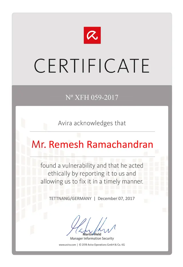 Avira Acknowledges Certificate — Remesh Ramachandran