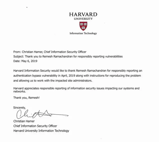 Harvard University Security Bug Acknowledgement — Remesh Ramachandran