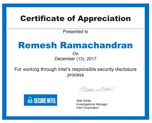 Intel Security Acknowledgement - Remesh Ramachandran