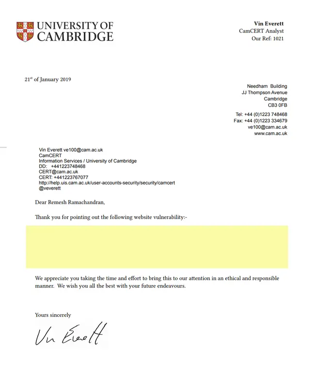 University of Cambridge Acknowledgement – Remesh Ramachandran