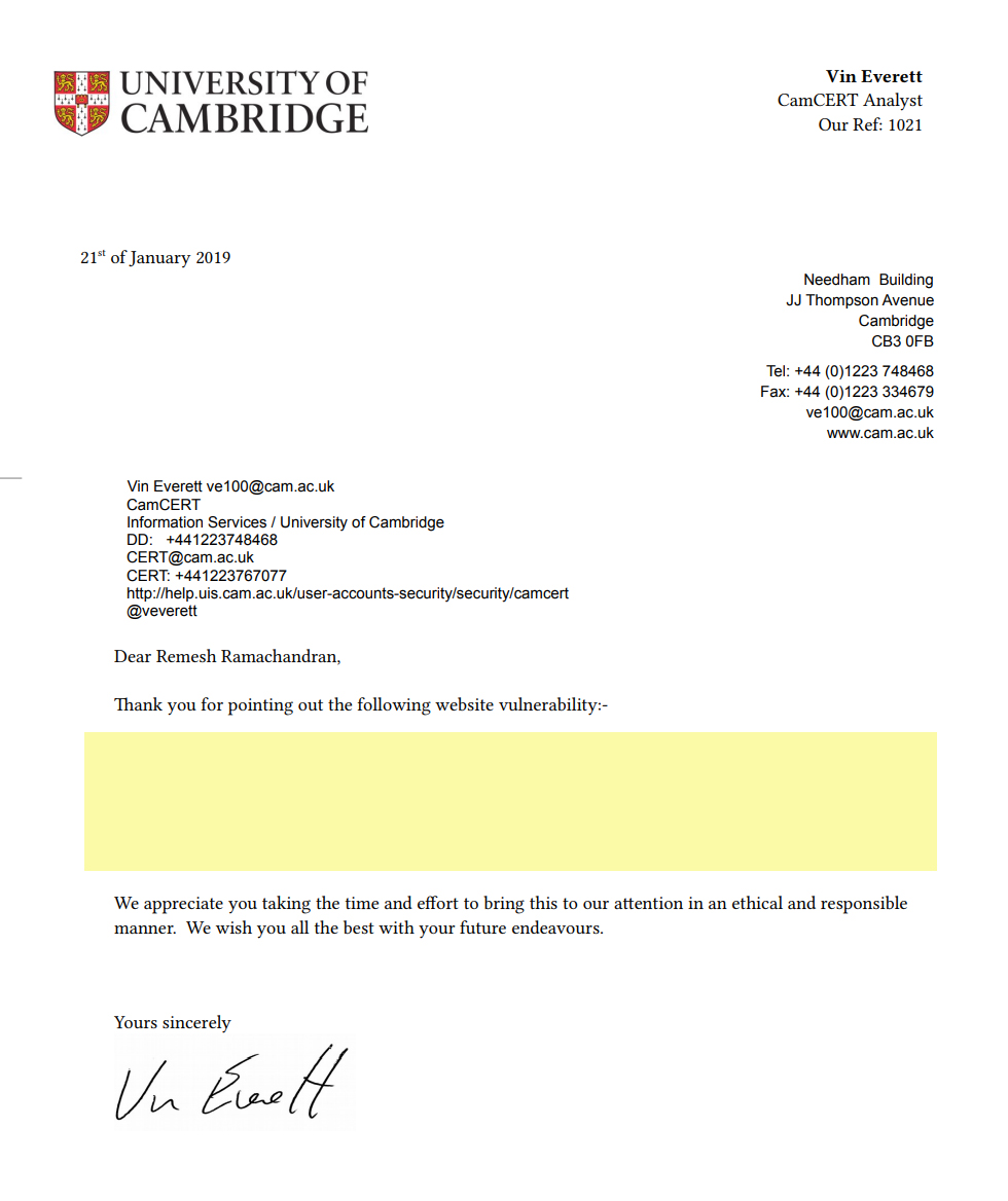 University of Cambridge Acknowledgement – Remesh Ramachandran